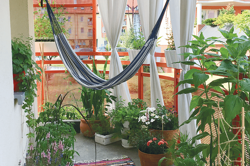 Balkon z dużą ilością roślin, niebieskim hamakiem, trzema białymi zasłonami oraz dwoma kolorowymi dywanikami